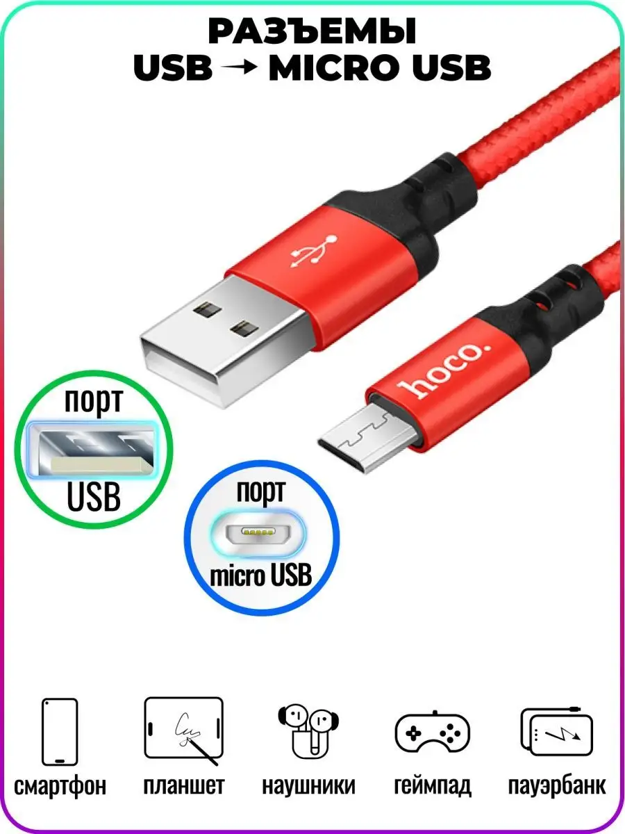 Кабель для телефона microUSB,микро юсб,нейлоновая оплетка,1м Hoco 159715941  купить за 192 ₽ в интернет-магазине Wildberries