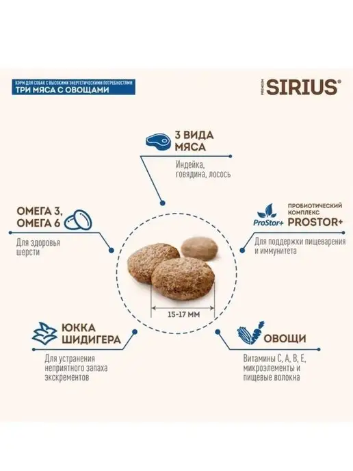 Сухой корм SIRIUS Сириус Три для собак, мясо, 2 кг, фото 3