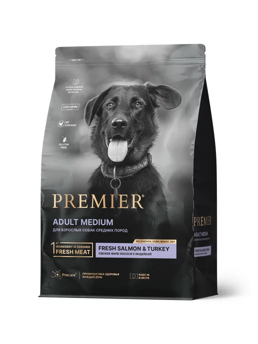 Сухой корм PREMIER для собак, средние, индейка, лосось, 10 кг