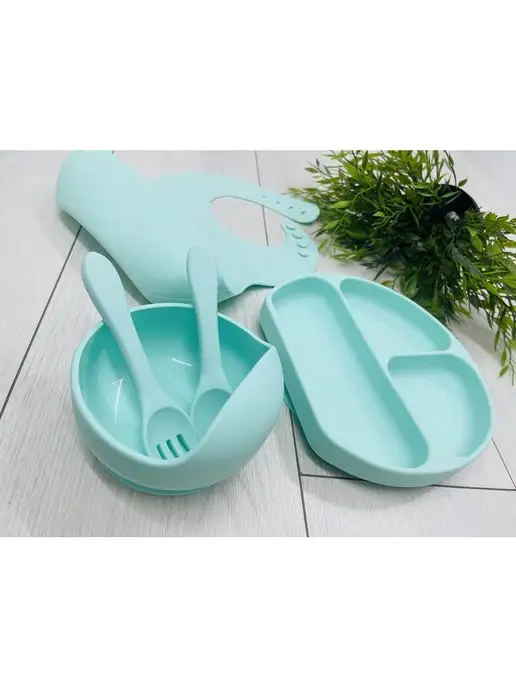 Topig Набор детской посуды для кормления силиконовый, голубой, фото 5