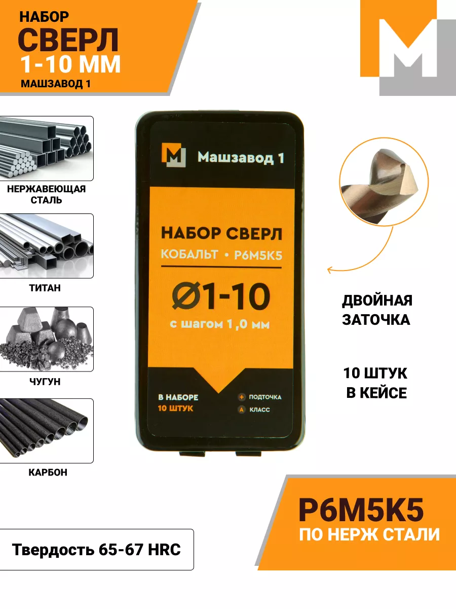 Набор сверл по металлу 1,0-10,0 мм кобальтовых из 10 шт. МАШЗАВОД 1  160182639 купить за 1 292 ₽ в интернет-магазине Wildberries